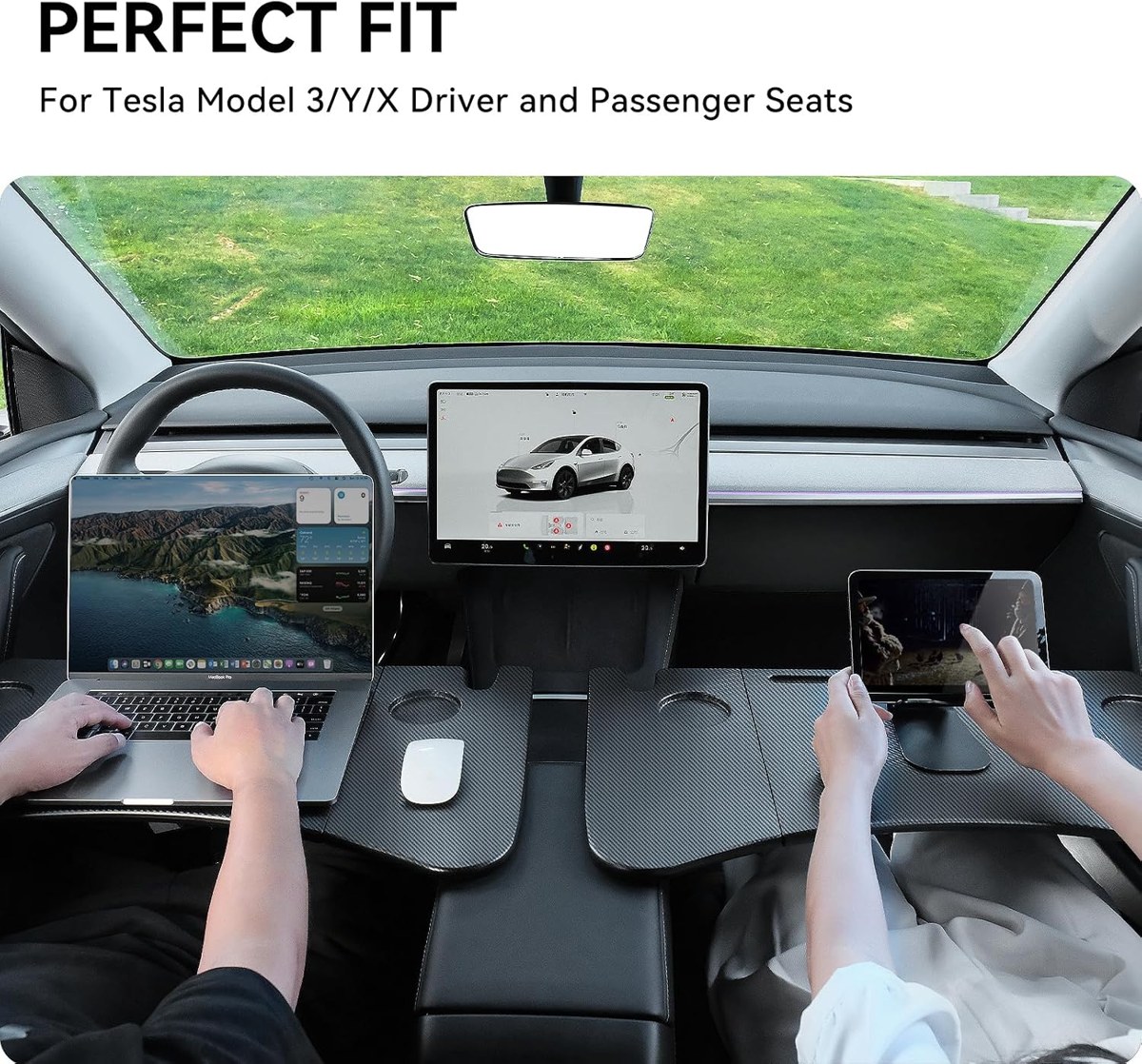 YONZEE Foldable Desk Food Tray for Tesla, Carbon Edition